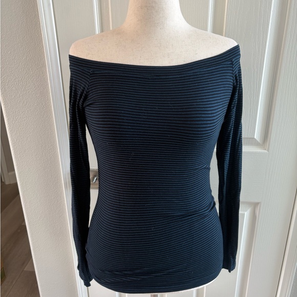 Hard Tail | Black & Blue Striped off the shoulder tee | sz Med | Very Good cond - Picture 2 of 7